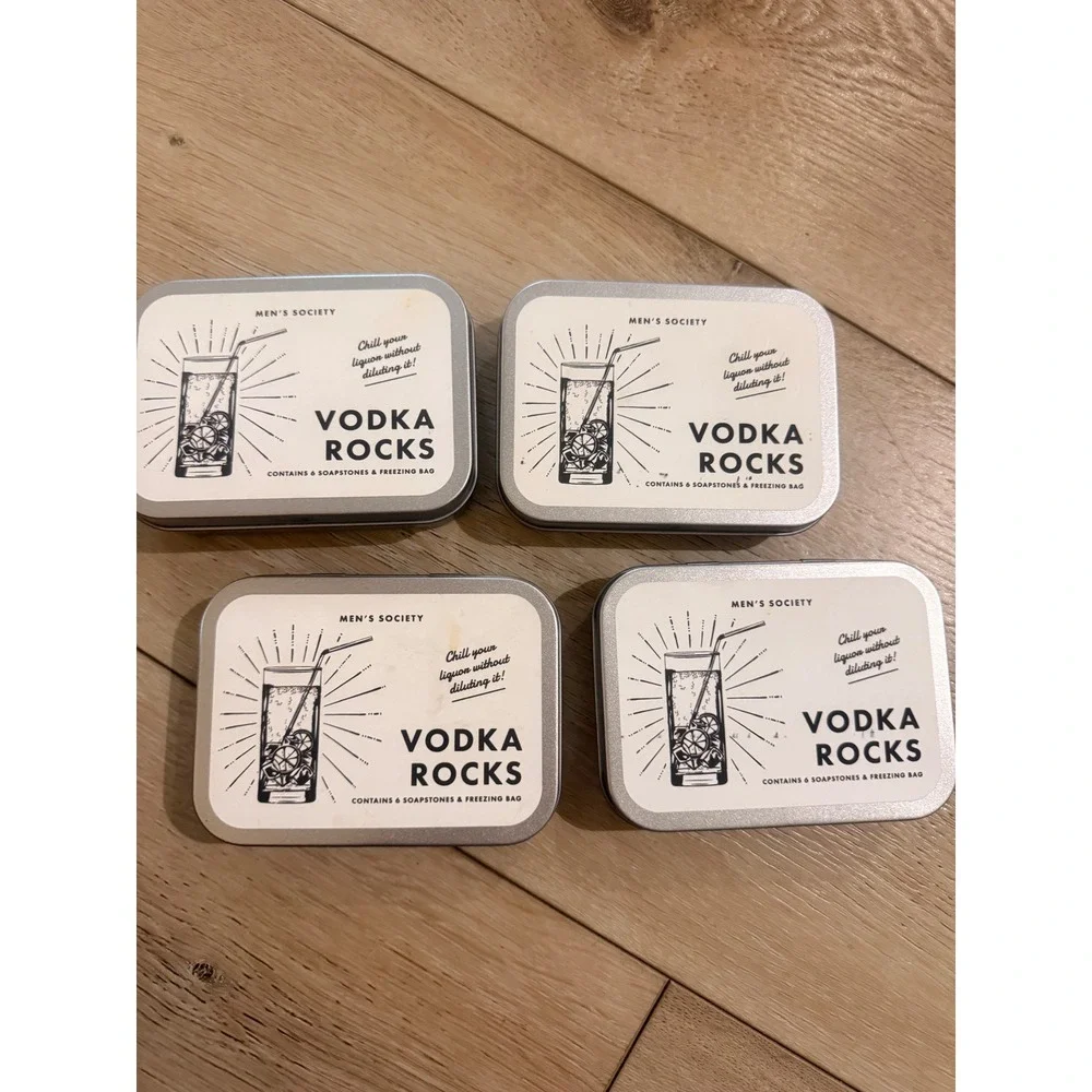 Men's Society Vodka Rocks (Set of 4) Tins 6 Soapstones & Cotton Freezing Bag New